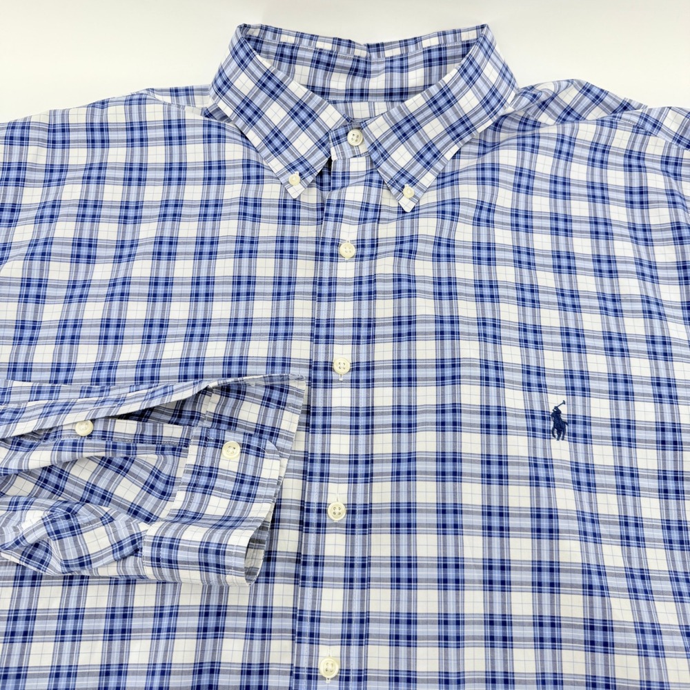 Ralph Lauren Button Down Shirt LS Mens 2XB Blue White Plaid Stretch Cotton